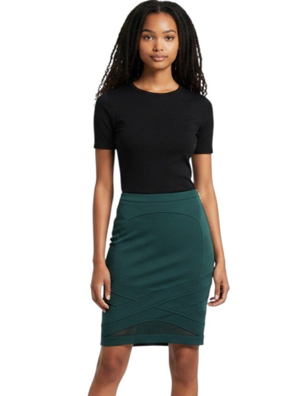CQ by CQ Bodycon Pencil Skirt Knee Length Hunter Green Mesh Bandage Cross Zip S